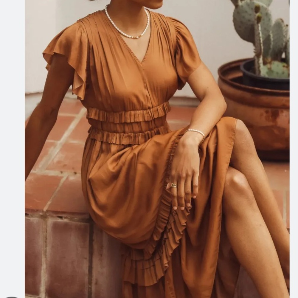 Bohme Willa Camel Ruffle Midi Dress XS